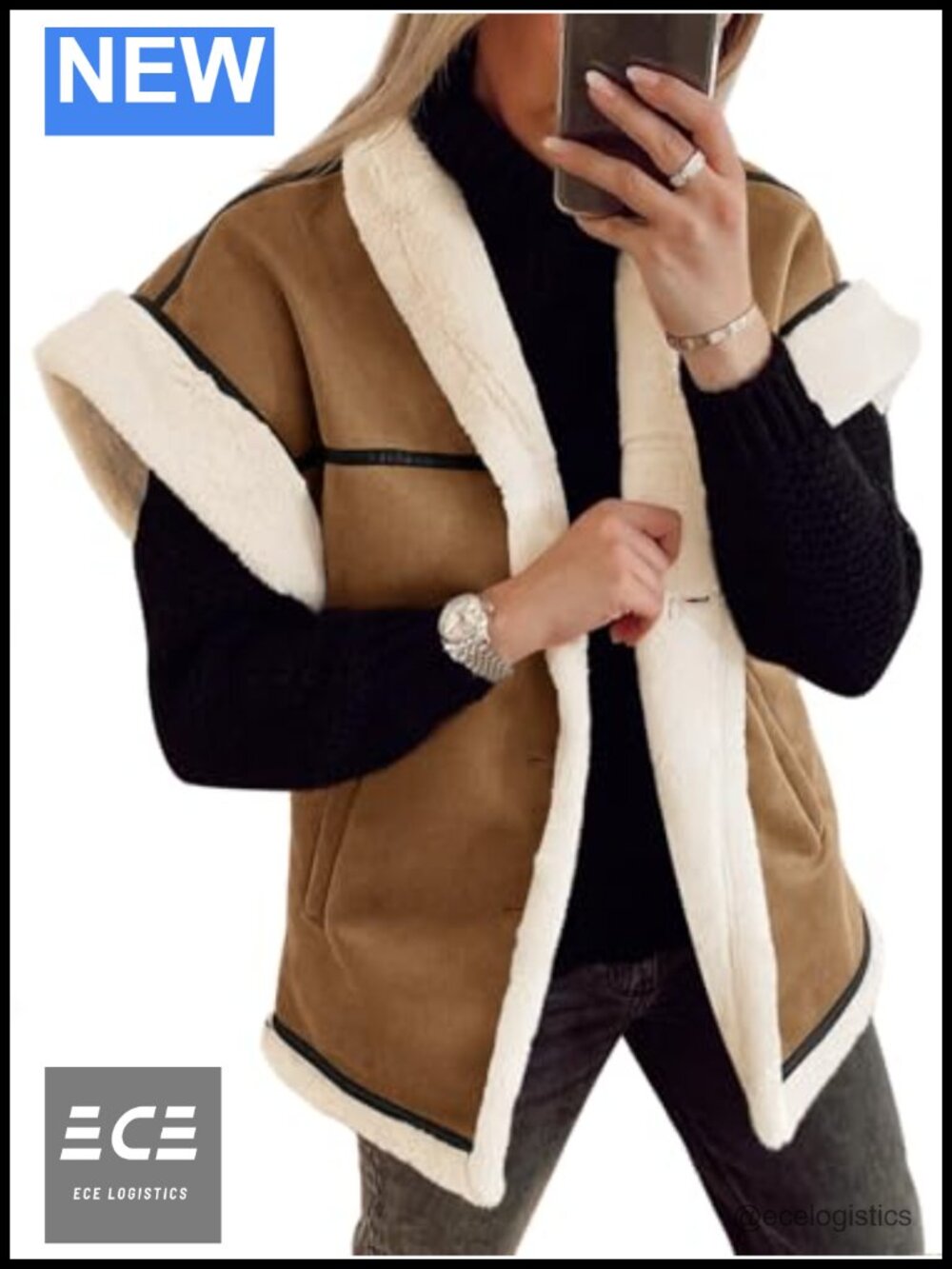 Faux Suede Sherpa Lined Vest Oversized Cape Fall Winter Outerwear